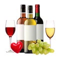 Bottles of red, pink and white wine and wineglasses isolated on Royalty Free Stock Photo