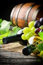 Bottles of red and white wine with fresh grape Royalty Free Stock Photo