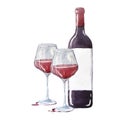 A bottles of red wine and two glasses. Watercolor hand drawn illustration Royalty Free Stock Photo