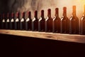 Bottles of red wine on a wooden shelf. banner background for winery, bar or shop Generative AI. Royalty Free Stock Photo