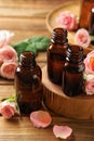 Bottles of rose essential oil and fresh flowers Royalty Free Stock Photo