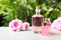 Bottles of rose essential oil and fresh flowers on table Royalty Free Stock Photo