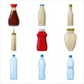 Bottles sauce set. Soy Wasabi Mustard Ketchup Mayonnaise Creamy sauces water mineral. Food template, mock up plastic