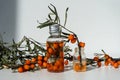 Bottles of sea buckthorn oil with a branch of sea buckthorn berries and a copy space. Royalty Free Stock Photo