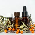 Bottles of sea buckthorn oil with a branch of sea buckthorn berries and a copy space. Royalty Free Stock Photo