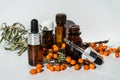 Bottles of sea buckthorn oil with a branch of sea buckthorn berries and a copy space. Royalty Free Stock Photo