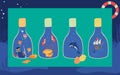 Bottles with sea and ocean symbols, underwater creatures and fish, vector illustration Royalty Free Stock Photo