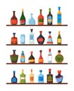 Bottles on shelves. Alcoholic drinks vodka liquor rum wine tequila restaurant or bar liquid products in glass bottles Royalty Free Stock Photo