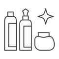 Bottles and shining star thin line icon, dry cleaning concept, washing agents vector sign on white background, outline