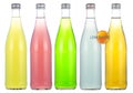 Bottles with soda drinks from agave, guava, pear, lime and tarragon Royalty Free Stock Photo