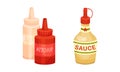 Bottles and spilled sauces set. Mayonnaise, mustard, tomato ketchup, ingredients for burger and sandwich vector