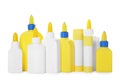 Bottles and sticks of glue on white background Royalty Free Stock Photo