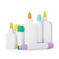 Bottles and sticks of glue on white background Royalty Free Stock Photo