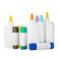 Bottles and sticks of glue on white background Royalty Free Stock Photo