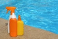 bottles of Suncare or sunscreen products Royalty Free Stock Photo