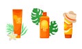 Bottles of Sunscreen Lotion with Sun Filter and Tropical Leaf Vector Set