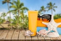 Bottles of sunscreen lotion on wooden background Royalty Free Stock Photo