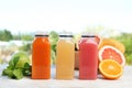 Bottles with tasty juices and ingredients Royalty Free Stock Photo