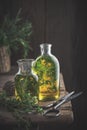 Bottles of thyme and rosemary essential oil or infusion and scissors on old table.