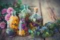 Bottles of tincture or infusion of healthy herbs, healing herbs Royalty Free Stock Photo