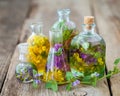 Bottles of tincture or infusion of healthy herbs on table. Royalty Free Stock Photo