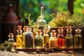 Bottles of tincture or infusion of healthy medicinal herbs and healing plants. Herbal medicine