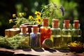 Bottles of tincture or infusion of healthy medicinal herbs and healing plants. Herbal medicine Royalty Free Stock Photo