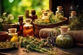 Bottles of tincture or infusion of healthy medicinal herbs and healing plants. Herbal medicine