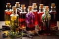 Bottles of tincture or infusion of healthy medicinal herbs and healing plants. Herbal medicine