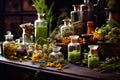 Bottles of tincture or infusion of healthy medicinal herbs and healing plants. Herbal medicine