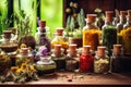 Bottles of tincture or infusion of healthy medicinal herbs and healing plants. Herbal medicine Royalty Free Stock Photo