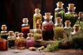 Bottles of tincture or infusion of healthy medicinal herbs and healing plants. Herbal medicine Royalty Free Stock Photo