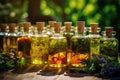 Bottles of tincture or infusion of healthy medicinal herbs and healing plants. Herbal medicine