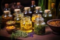 Bottles of tincture or infusion of healthy medicinal herbs and healing plants. Herbal medicine Royalty Free Stock Photo