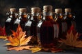 Bottles of traditional natural maple syrup. Generative AI