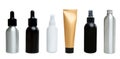 Bottles and tubes with cosmetics without labels in gold, white, black and silver. Set, collage. Medicine, cosmetology and self- Royalty Free Stock Photo