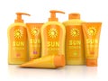 Bottles and tubes of sunscreen