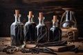 Bottles with vanilla aromatic oil and vanilla pods on a wooden background Royalty Free Stock Photo