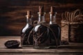 Bottles with vanilla aromatic oil and vanilla pods on a wooden background Royalty Free Stock Photo