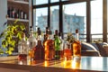 Bottles of various alcoholic beverages on a table in a cafe