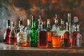 Bottles of various alcoholic beverages on a wooden shelf Royalty Free Stock Photo