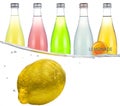 Lemon under water on a background of glass bottles with fruit drinks Royalty Free Stock Photo