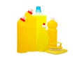 Bottles with various detergents isolated on a white background.