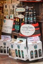 Bottles of Vino Nobile, the most famous wine from Montepulciano, on display outside a winery, on July 21, 2017, in Montpulciano,