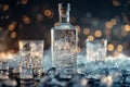 Bottles of vodka with glasses standing on ice on a black background. Royalty Free Stock Photo