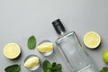 Bottles of vodka, shots, lime slices and mint on gray background