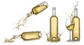 Bottles of white wine and a glass with splashing liquid isolated on a white background Royalty Free Stock Photo