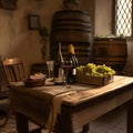 Bottles of wine with a basket of bunches of grapes and a glass of red wine on vintage wooden table in front of window. Cosy winery Royalty Free Stock Photo