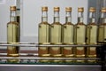 Bottles with white wine at bottling plant Royalty Free Stock Photo