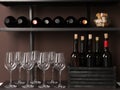 Bottles of wine, corks and glasses on rack near brown wall Royalty Free Stock Photo